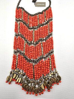 NWT Chicos Nada Bib Statement Necklace Red Beads Gold Accents Adjustable Boho